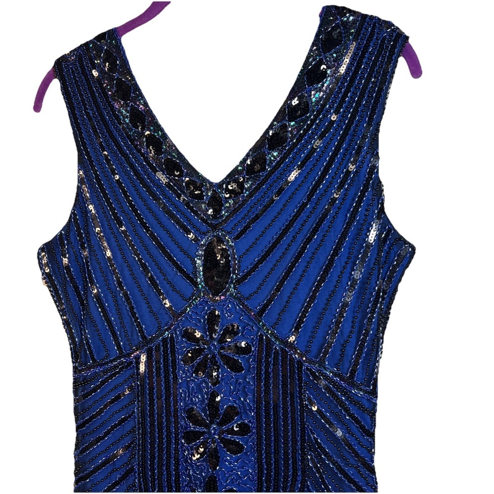 1920s Flapper Style Dress Small Blue Black Beaded Sequins Fringed Gatsby Sparkly - Picture 4 of 9